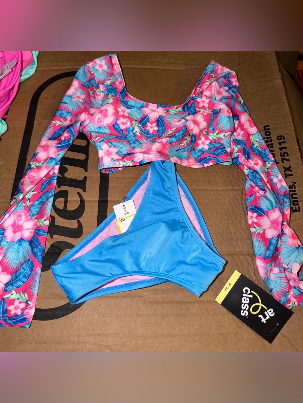 Target Girls Floral Long Sleeve Swim Top and Blue Bottoms